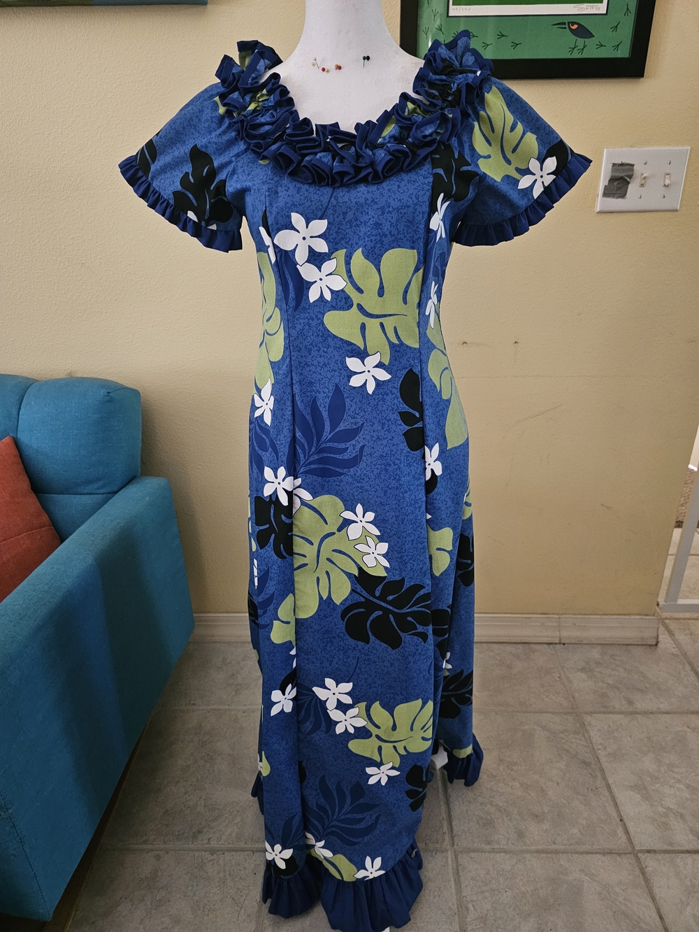 Blue Floral Ruffled Hawaiian Tiki Long Dress